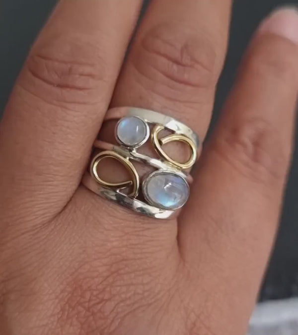 Wide Moonstone Brass Sterling Silver Ring, June Birthstone, Silver Gemstone Ring, Statement Thumb Ring, Boho Rings, Mistry Gems, R28M