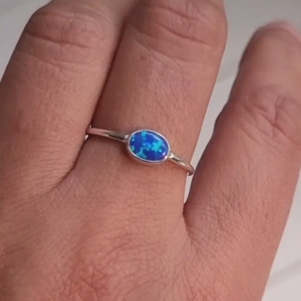 Dainty Blue Opal Ring, Horizontal Oval Stacking Ring, 925 Sterling Silver, October Birthstone, Blue Gemstone, Engagement,Mistry Gems,R151BOP