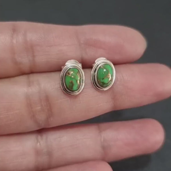 Oval Green Copper Turquoise Studs Earring, 925 Sterling Silver, Size 1.0cm x 0.8cm, December Birthstone, 11th Anniversary, Mistry Gems,S3GCT