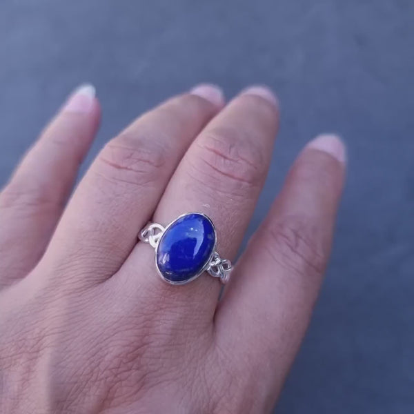 Lapis Lazuli Celtic Weave 925 Sterling Silver Ring, Solitaire Boho Ring, Blue Gold Fleck Gemstone, 9th Anniversary, Mistry Gems, R1LL