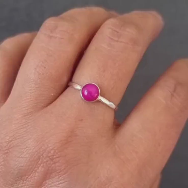 HOT Pink Agate Stacking Ring, Dimpled Sterling Silver, 6mm Round Fuschia Bright Pink Gemstone, Dainty Engagement Ring, Mistry Gems, R11PAG