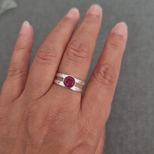 Round Ruby Sterling Silver Ring, July Birthstone, 40th Anniversary, Red Gemstone, Boho Ring, Solitaire Thumb Ring, Mistry Gems, R22R