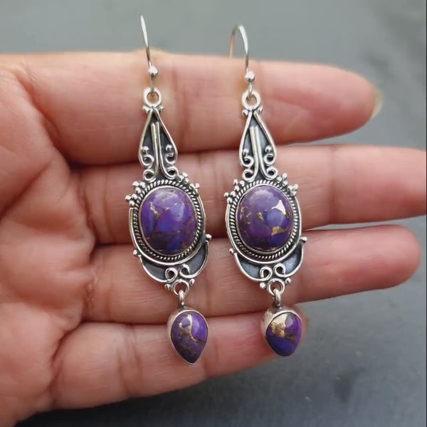 Boho Purple Copper Turquoise Earrings, Long 925 Sterling Silver Dangly Earrings, Nepali Hippy Tribal Statement Earrings, Mistry Gems, E38PCT