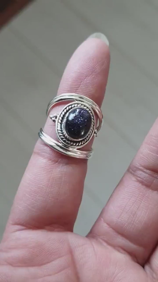 Boho Oval Blue Goldstone Ring, 925 Sterling Silver, Sparkly Glittery Navy Blue Ring, Long Forefinger Ring, Boho Jewellery, Mistry Gems,R29BS