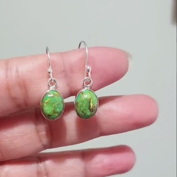 Small Green Copper Turquoise Earrings, Oval 10mm x 8mm 925 Sterling Silver Earrings, Lime Green Gemstone, Mohave Turquoise,Mistry Gems,E7GCT