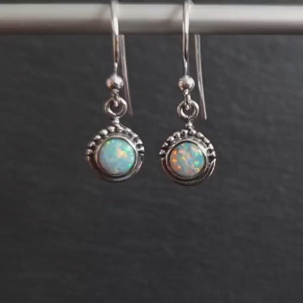 Boho White Opal Earrings, Small Round 925 Silver Earrings, Dainty Gemstone, Lab Created Opal, October Birthstone, Mistry Gems, E91WOP