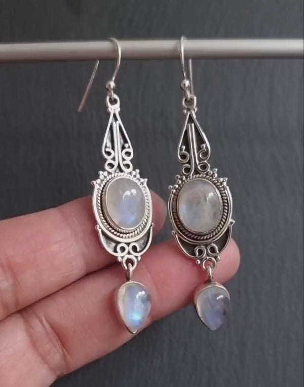 Boho Long Moonstone 925 Sterling Silver Earrings, Wedding Jewellery Ideas, June Birthday Present, Statement Earrings, Mistry Gems, E38M