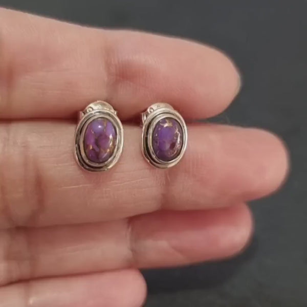Purple Copper Turquoise Stud Earrings, 925 Sterling Silver, Oval Size 1.0cm x 0.8cm, December Birthday, 11th Anniversary, Mistry Gems, S3PCT