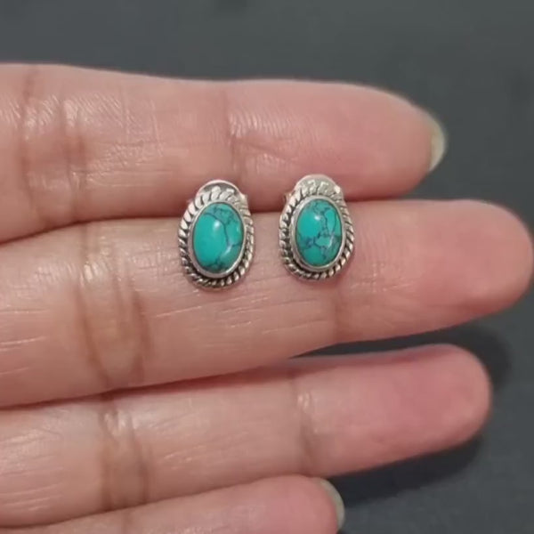 Boho Oval Turquoise Studs Earrings, 925 Sterling Silver, Size 1.0cm x 0.8cm, December Birthstone, 11th Anniversary Gift, Mistry Gems, S4T