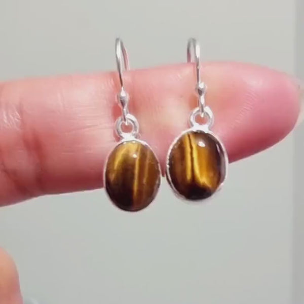 Small Tigers Eye Dangly Earrings, Oval 10mm x 8mm Sterling Silver Earrings, Brown Yellow Golden Gemstone, 18th Anniversary, Mistry Gems,E7TE