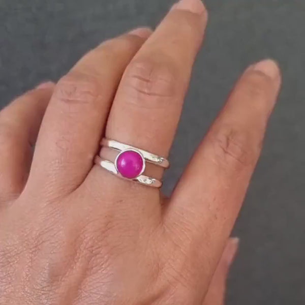 Round HOT Pink Agate Sterling Silver Ring, Fuschia Bright Pink Gemstone, Modern Engagement Ring, Mistry Gems, R22PAG