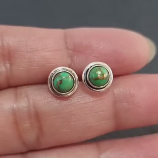 Round Green Copper Turquoise Studs Earrings, 925 Sterling Silver, Size 0.8cm, December Birthstone, 11th Anniversary, Mistry Gems, S16GCT