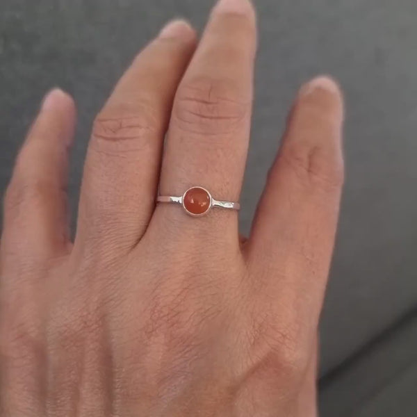 Dainty 6mm Round Carnelian Ring, Dimpled Band Sterling Silver Stacking Ring, Bright Orange Solitaire Anniversary Ring, Mistry Gems, R11CARN