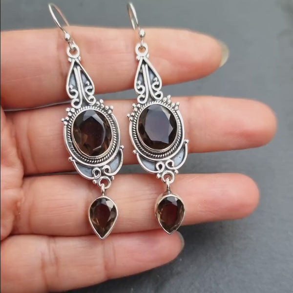 Bohemian Smoky Quartz Sterling Silver Earrings, Extra Long Dangle Earrings, Nepali Hippy Statement Earrings, Mistry Gems, E38SQ