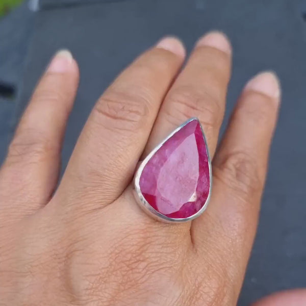 Chunky Teardrop Adjustable Ruby Ring, 925 Sterling Silver, Stone 2.5-2.7cm x 1.6-1.8cm, July Birthstone, 40th Anniversary, Mistry Gems, R237