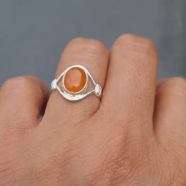 Fiery Oval Carnelian 925 Sterling Silver Ring, Bright Orange Gemstone Jewellery, Large Solitaire Engagement Ring, Mistry Gems, R13CARN