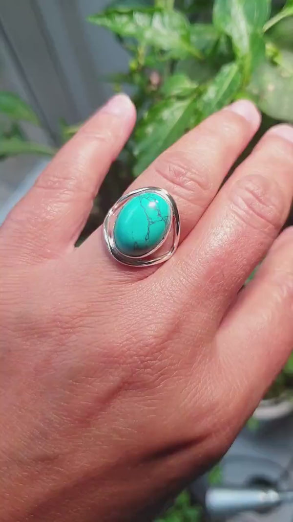 Oval Turquoise Ring, 15mm x 12mm Sterling Silver Ring, Modern Gemstone Ring, December Birthstone, 11th Anniversary Gift, Mistry Gems, R80TS