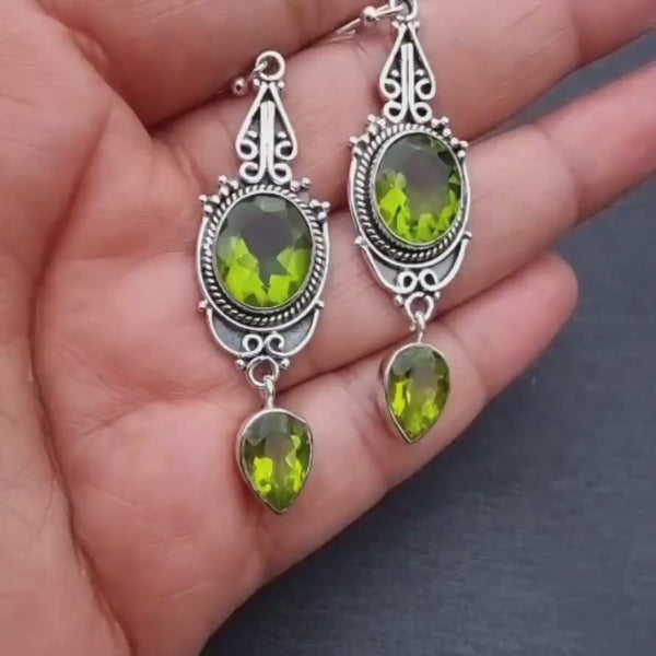 Boho Peridot Earrings, August Birthday, Long 925 Sterling Silver Dangly Earrings, Green Gemstone, Nepali Design, 16th Anni, Mistry Gems,E38P