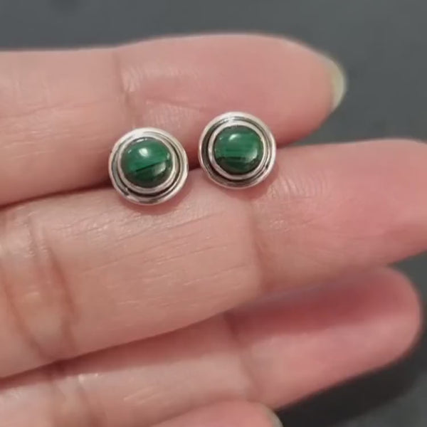Malachite Stud Earrings, 925 Sterling Silver, Size 0.8cm - 8mm Round Green Gemstone Studs,  Heart Chakra Jewellery, Mistry Gems, S16MAL