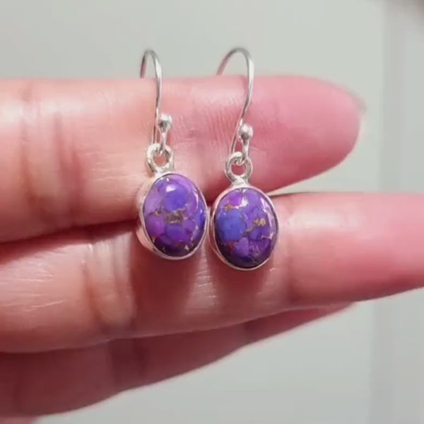 Purple Copper Turquoise Earrings, Small Oval 10mm x 8mm 925 Sterling Silver, Purple Gemstone, December Birthstone, Mistry Gems, E7PCT