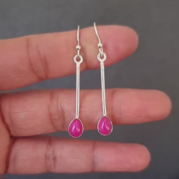 Elegant Long HOT Pink Agate Earrings, Modern 925 Sterling Silver Earrings, Bright Fuchsia Pink Gemstone, Mistry Gems, E15PAG