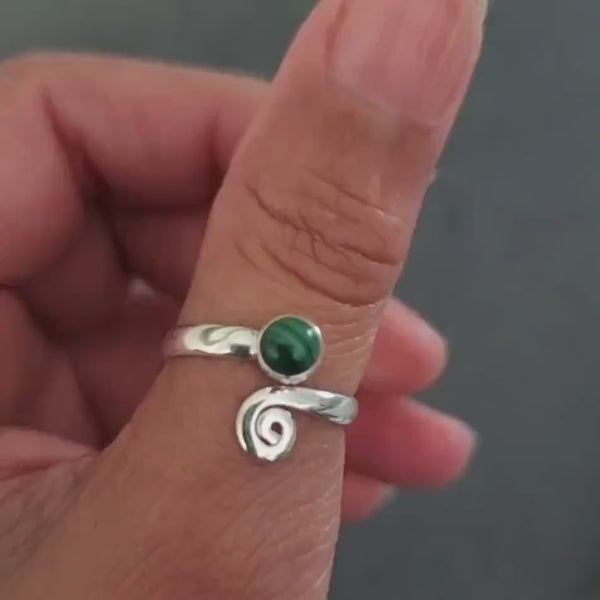 Malachite Ring, 925 Sterling Silver Adjustable Ring, Snake Ring, Wrap Ring, Green Gemstone Thumb Ring, Spiral Ring, Mistry Gems, R61MAL