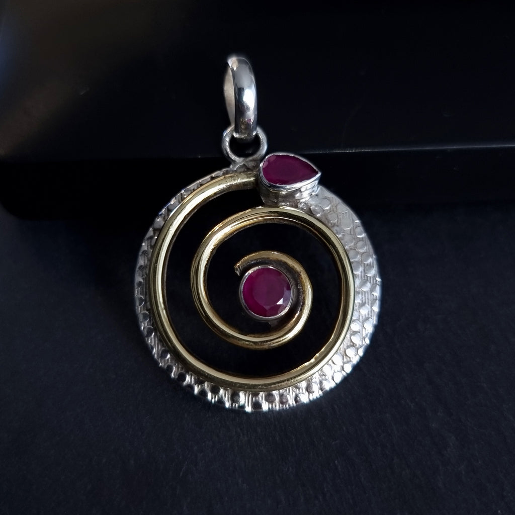 Ruby Gold Vermeil Oxidised Silver Spiral Pendant, P89R