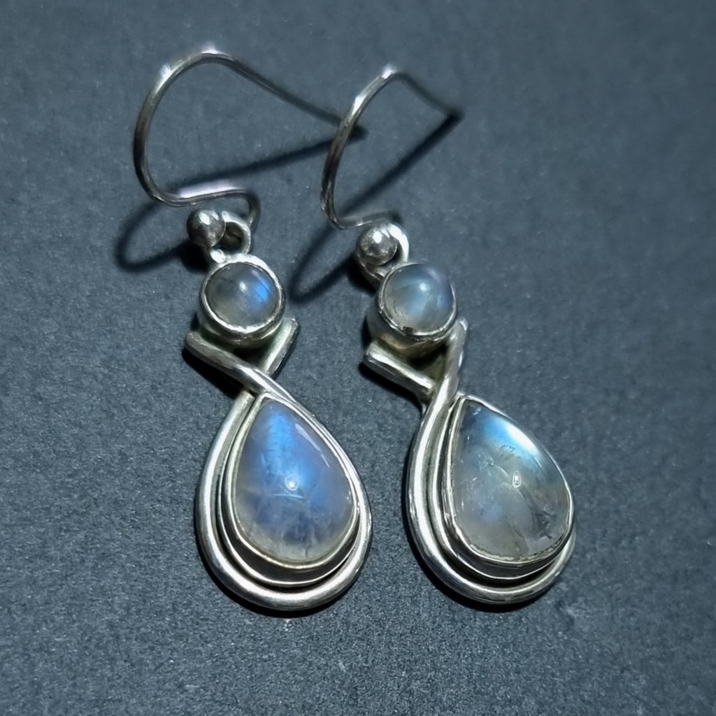 Rainbow Moonstone Two Stone Teardrop Silver Earrings, E1M