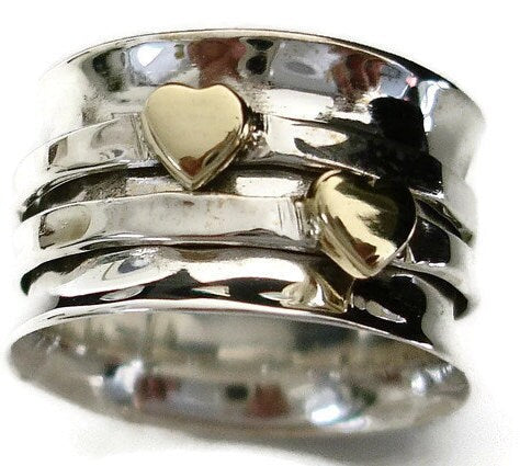 Spinner Ring with Brass Hearts in 925 Sterling Silver, SP05
