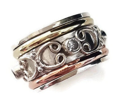 Cubic Zirconia Multimetal Spinner Ring, Silver, Brass, Copper, SP31CZ