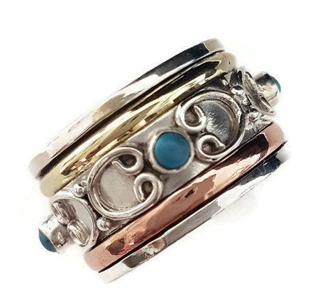 Turquoise Mulitmetal Spinner Ring, Silver, Brass, Copper, SP31T