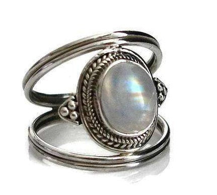 Unisex Oval Rainbow Moonstone Ring, Boho 925 Sterling Silver Ring, June Birthstone, Long Forefinger and Pinky Finger Ring, Mistry Gems, R29M