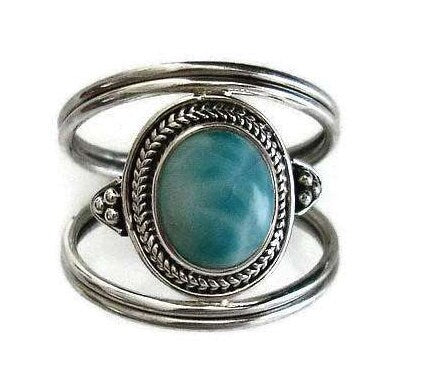 Unisex Boho Oval Larimar Ring, 925 Sterling Silver, Dominican Republic Turquoise Gemstone, Forefinger Pinky Thumb Ring, Mistry Gems, R29L