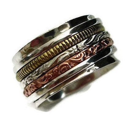 Unisex Multimetal Spinner Ring in 925 Sterling Silver with Brass and Copper SP58N