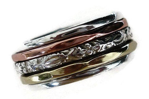 Narrow Spinner Ring - 925 Silver, Copper, Brass Textured, SP50