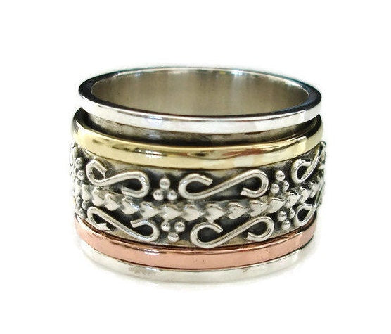 Wide Scroll Two Tone Spinning Ring 925 Silver, Brass, Copper, SP68