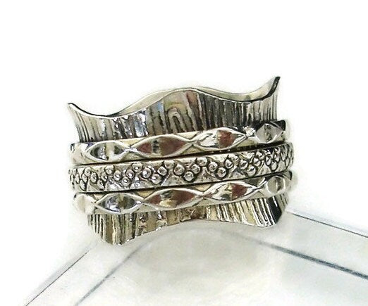 Wavy Silver Spinner Ring Ribbed 3 Ring Oxidised 925 Silver, SP73S
