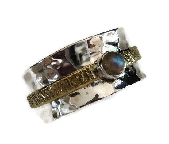 Labradorite Spinner Ring Two Tone Brass 925 Silver, SP76BLAB