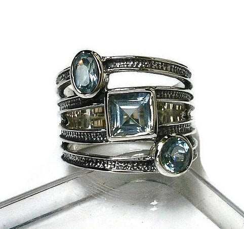 Designer Blue Topaz 3 Stone Textured Oxidised 925 Silver Ring, R45BT