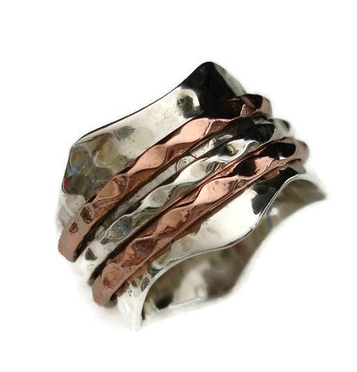 Two Tone Spinner Ring Wavy Copper 925 Silver, SP74