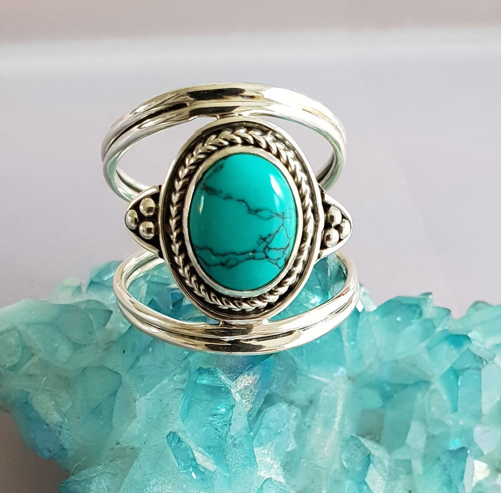Unisex Sterling Silver Turquoise Ring, Oval Boho Gemstone Ring, December Birthstone, Long Forefinger and Pinky Finger Ring, Mistry Gems,R29T