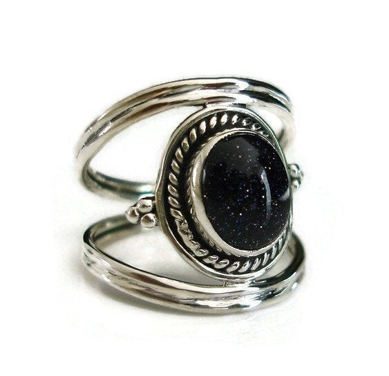 Boho Oval Blue Goldstone Ring, 925 Sterling Silver, Sparkly Glittery Navy Blue Ring, Long Forefinger Ring, Boho Jewellery, Mistry Gems,R29BS