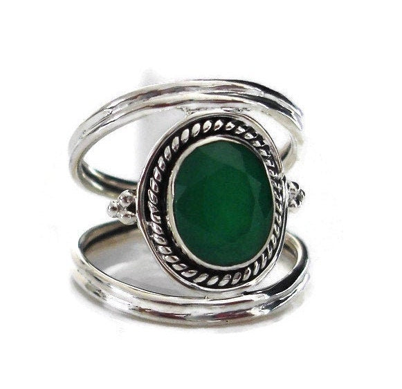 Unisex Boho Oval Emerald Ring, 925 Sterling Silver Ring, May Birthstone, Long Forefinger Ring, 20th Anniversary Gift, Mistry Gems, R29EM