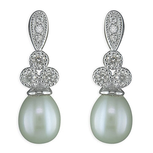 Pearl CZ Stud Drop Silver Earrings, R9519/W