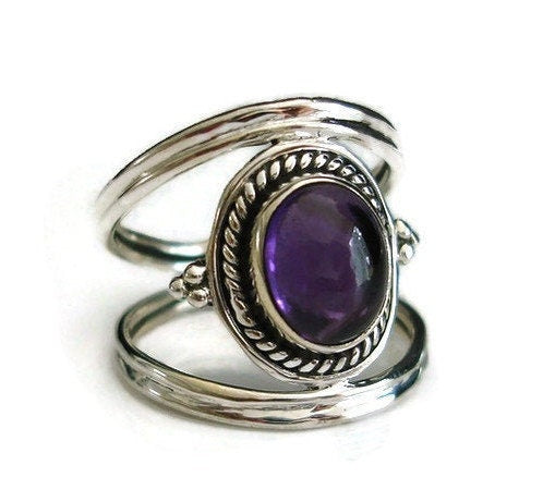 Unisex Boho Oval Amethyst Ring, 925 Sterling Silver, February Birthstone, Purple Gemstone Jewellery, 6th Anniversary Gift, Mistry Gems, R29A