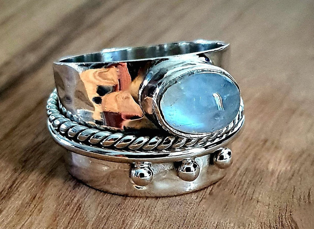 Rainbow Moonstone Wide 925 Sterling Silver Ring, R16SM