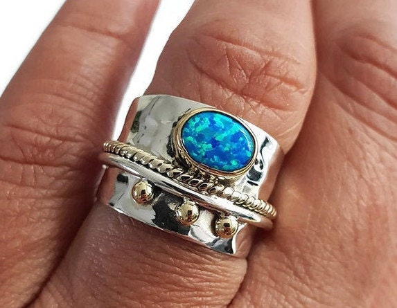 Blue Opal Wide 925 Silver Ring with Brass Detailing, R16BOP