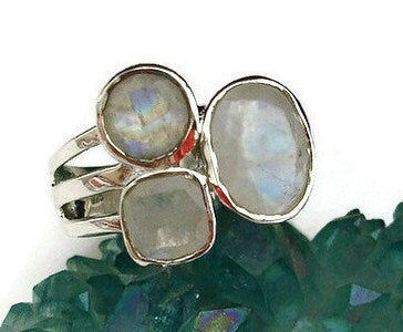 Moonstone Facetted Multistone 925 Silver Ring, R47M