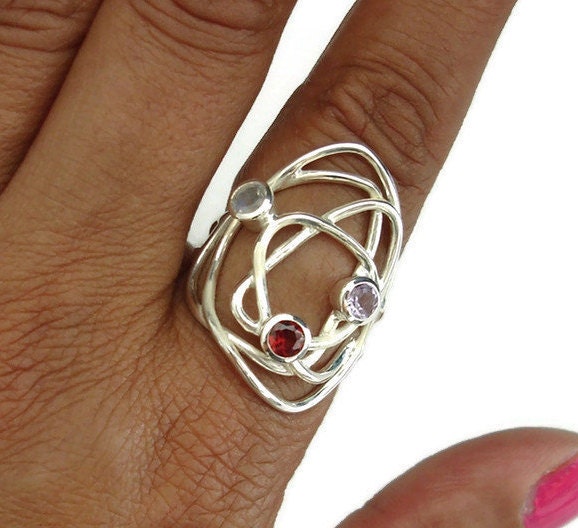 Moonstone, Amethyst, Garnet Multistone Silver Wire Wrap Ring, R63MAG