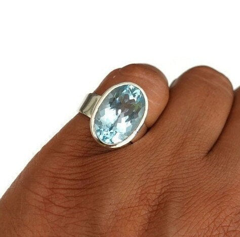 Contemporary Oval Blue Topaz Ring, High Quality Stone, Sterling Silver, November Birthstone, Designer Engagement Ring, Mistry Gems, R113A
